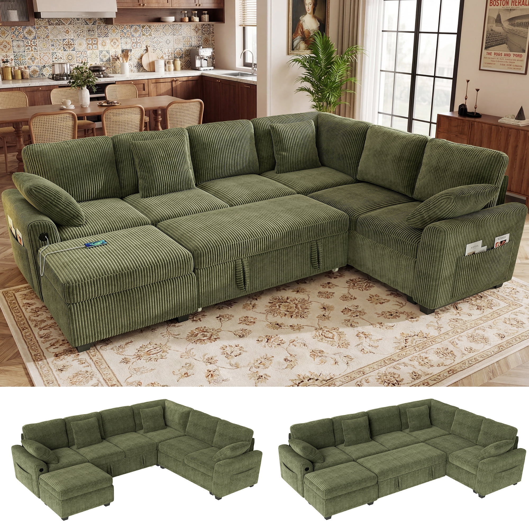 BedLuxury 106" Large Modular Sectional Sleeper Sofa with Pull Out Bed ...