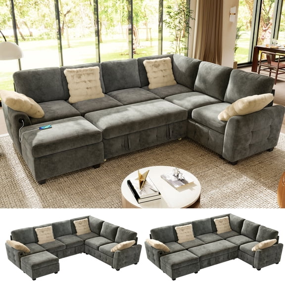 BedLuxury 106" Modular Sectional Sofa Bed with Pull Out Bed, Large Storage & USB Charging, Modern Sleeper Couch for Living Room, Chenille Gray