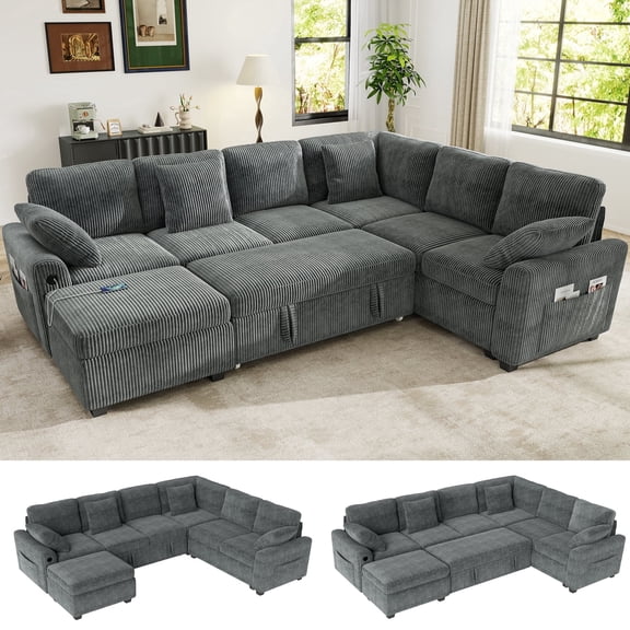 BedLuxury 106" Modular Sectional Sofa Bed with Pull Out Bed, Large Storage & USB Charging, Modern Sleeper Couch for Living Room, Corduroy Gray