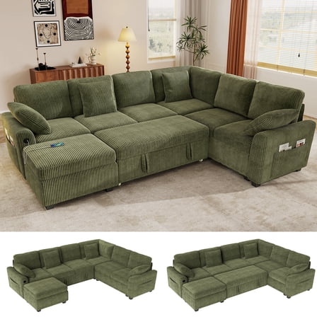 BedLuxury 106" Modular Sectional Sofa Bed with Pull Out Bed, Large Storage & USB Charging, Modern Sleeper Couch for Living Room, Corduroy Green