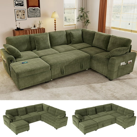 BedLuxury 106" Modular Sectional Sofa Bed with Pull Out Bed, Large Storage & USB Charging, Modern Sleeper Couch for Living Room, Corduroy Green