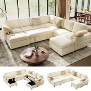 BedLuxury 106" Sectional Sleeper Sofa with Pull Out Bed, Storage Seat & USB Charging, Couch Seats 9, Living Room Furniture, Chenille Beige