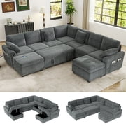 BedLuxury 106" Sectional Sleeper Sofa with Pull Out Bed, Storage Seat & USB Charging, Couch Seats 9, Living Room Furniture, Corduroy Gray