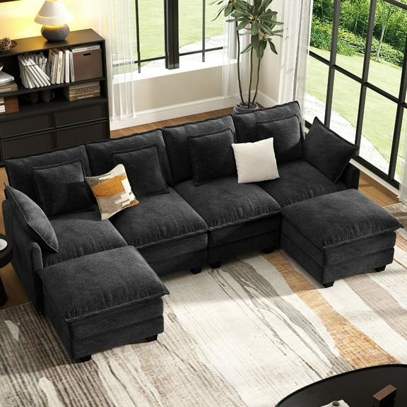 BedLuxury 106" U-Shaped Sectional sofa for Living Room, 4 Seats Chenille Modular Couch Sleeper Sofa with Movable Ottomans, Black