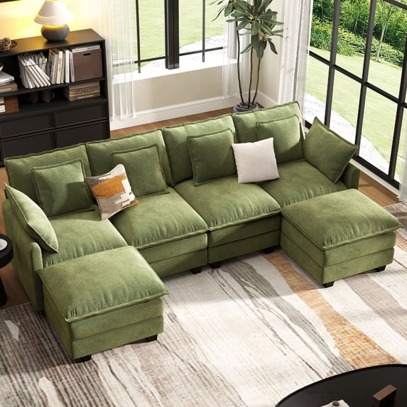 BedLuxury 106" U-Shaped Sectional sofa for Living Room, 4 Seats Chenille Modular Couch Sleeper Sofa with Movable Ottomans, Green