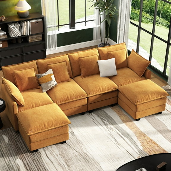 BedLuxury 106" U-Shaped Sectional sofa for Living Room, 4 Seats Chenille Modular Couch Sleeper Sofa with Movable Ottomans, Orange