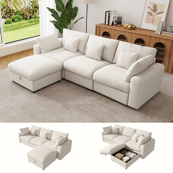 BedLuxury 110" Large Modular Sectional Cloud Sofa with Removable Storage Ottoman, Extra Deep Seat Couch, Living Room Furniture, Chenille Beige