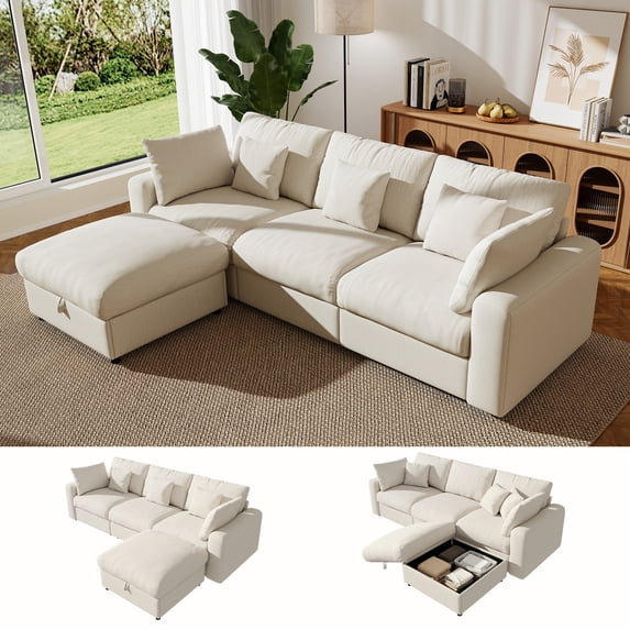 BedLuxury 110" Large Modular Sectional Cloud Sofa with Removable Storage Ottoman, Extra Deep Seat Couch, Living Room Furniture, Chenille Beige