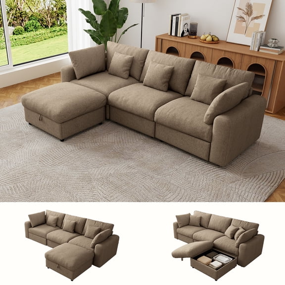 BedLuxury 110" Large Modular Sectional Cloud Sofa with Removable Storage Ottoman, Extra Deep Seat Couch, Living Room Furniture, Chenille Brown