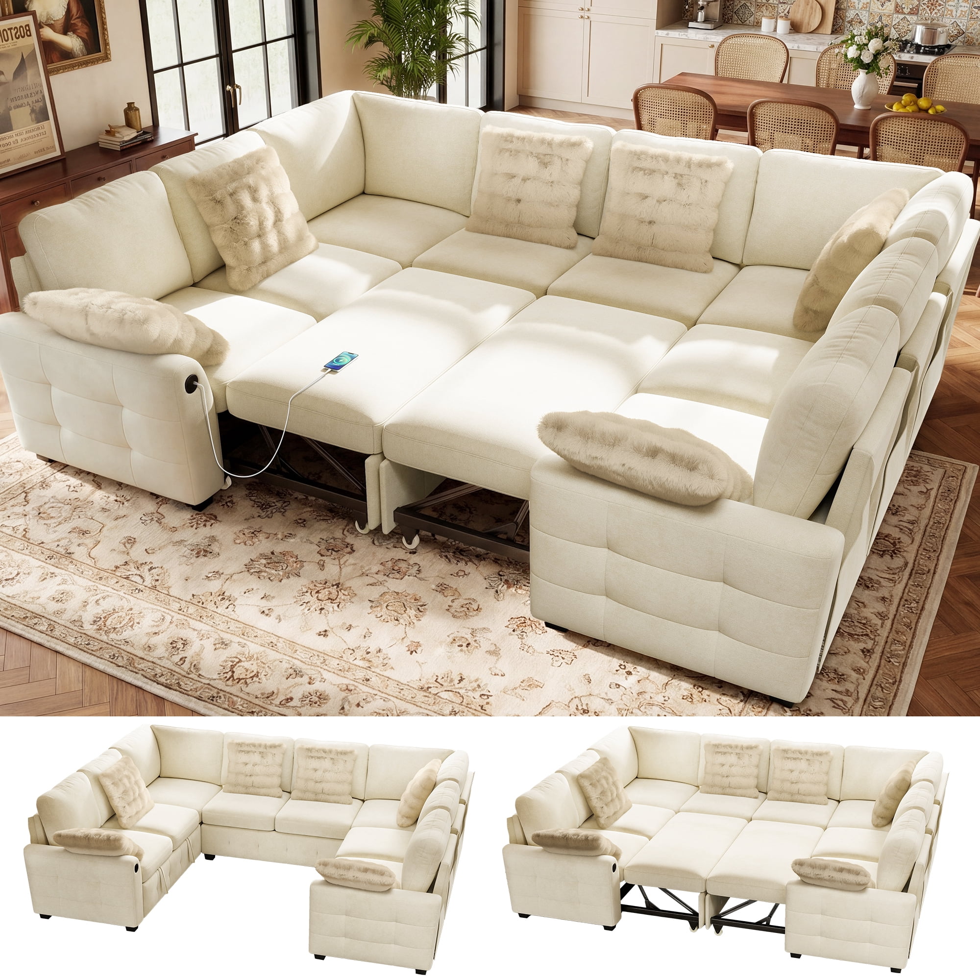 BedLuxury 110" Large Modular Sectional Sleeper Sofa with Pull Out Bed ...
