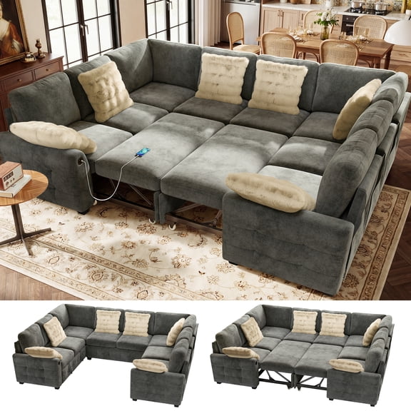 BedLuxury 110" Large Modular Sectional Sleeper Sofa with Pull Out Bed, USB Charging & Storage Seat, U Shaped Couch for Living Room, Chenille Gray