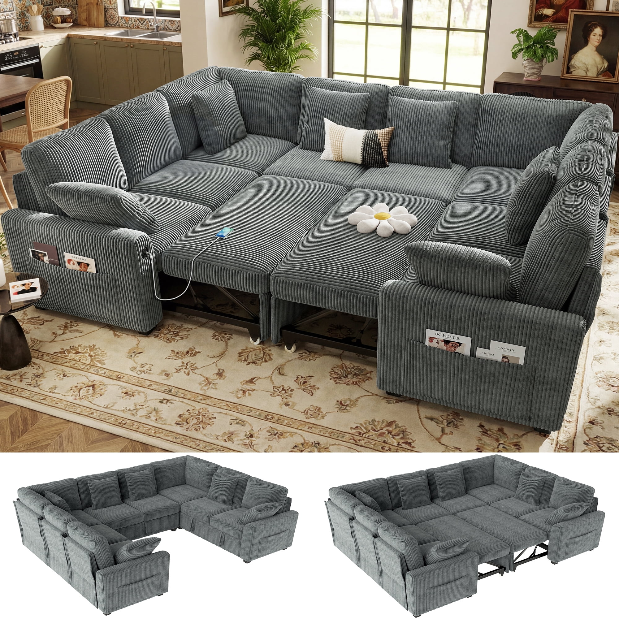 BedLuxury 110" Large Modular Sectional Sleeper Sofa with Pull Out Bed ...