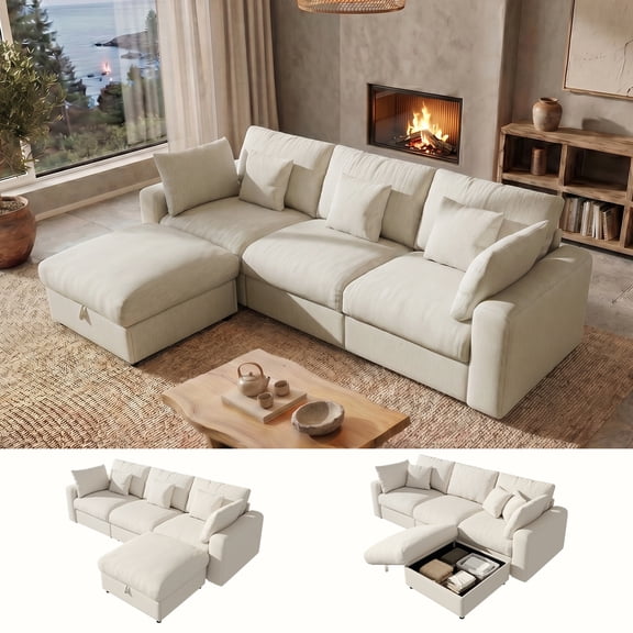 BedLuxury 110" Large Modular Sectional Sofa with Removable Storage Ottoman, Extra Deep Seat Cloud Couch for Living Room, Chenille Beige
