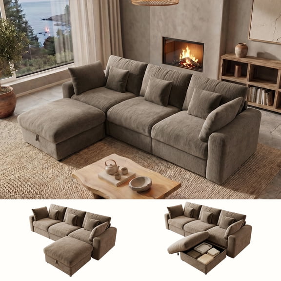 BedLuxury 110" Large Modular Sectional Sofa with Removable Storage Ottoman, Extra Deep Seat Cloud Couch for Living Room, Chenille Brown