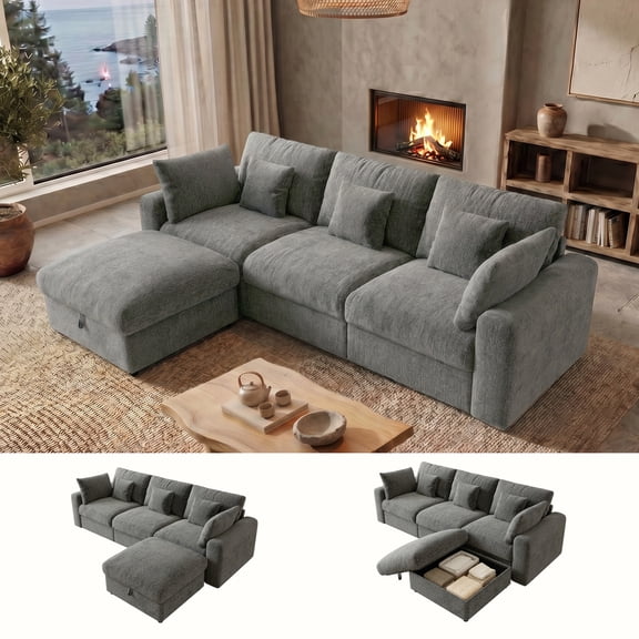 BedLuxury 110" Large Modular Sectional Sofa with Removable Storage Ottoman, Extra Deep Seat Cloud Couch for Living Room, Chenille Gray