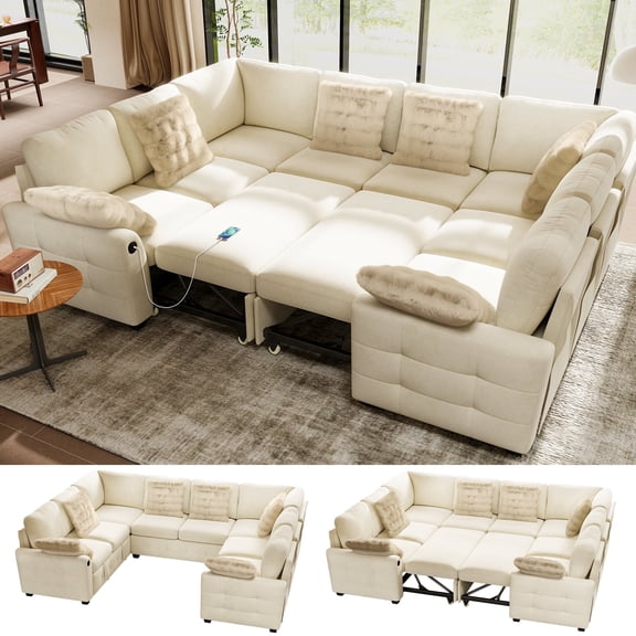 BedLuxury 110" Sectional Sleeper Sofa with Pull Out Bed, Storage Seat & USB Charging, U Shaped Modern Couch for Living Room, Chenille Beige
