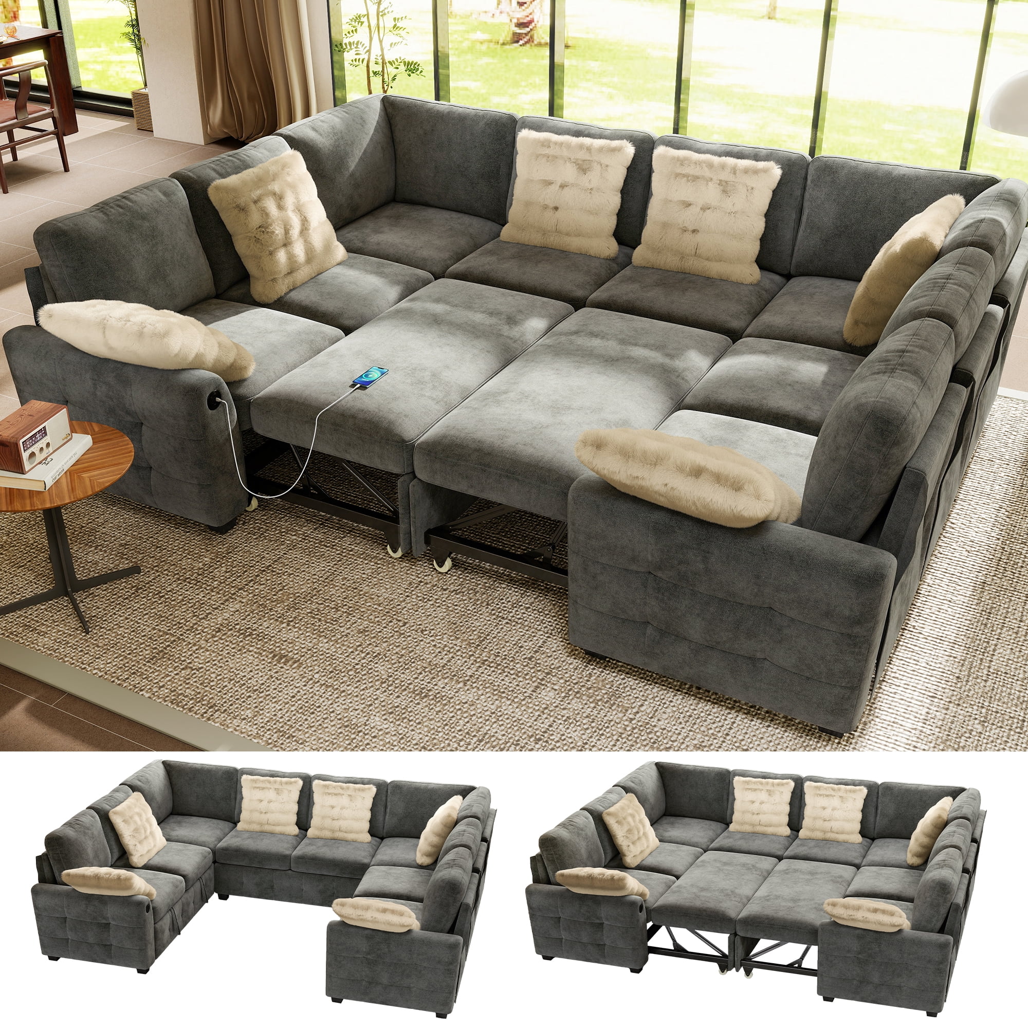 BedLuxury 110" Sectional Sleeper Sofa with Pull Out Bed, Storage Seat ...