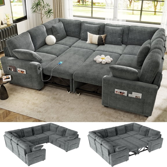BedLuxury 110" Sectional Sleeper Sofa with Pull Out Bed, Storage Seat & USB Charging, U Shaped Modern Couch for Living Room, Corduroy Gray