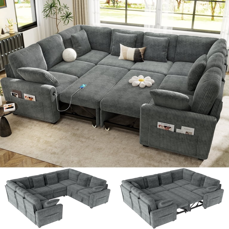 Bedluxury 110 inch Sectional Sleeper Sofa with Pull Out Bed, Storage Seat & USB Charging, U Shaped Modern Couch for Living Room, Corduroy Gray
