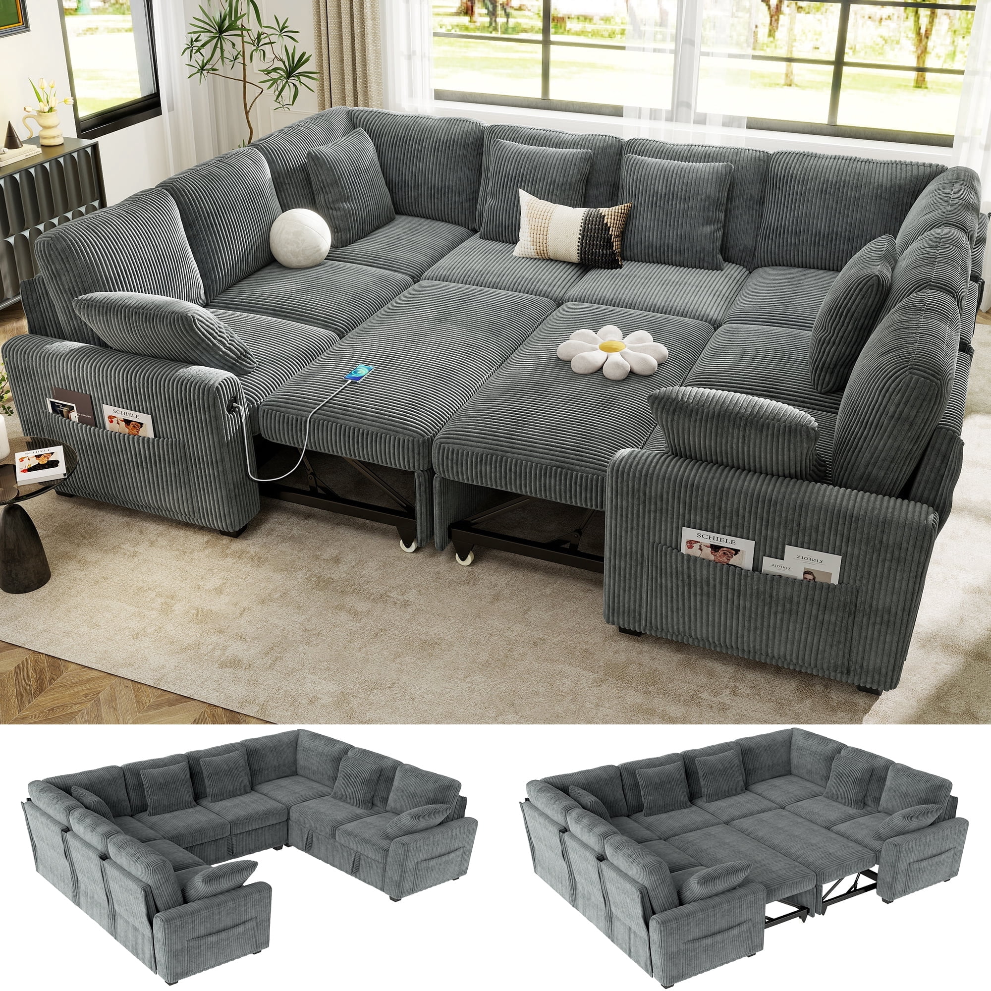 BedLuxury 110" Sectional Sleeper Sofa with Pull Out Bed, U Shaped Couch ...