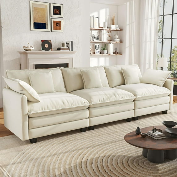 BedLuxury 111.5'' Modular Sectional Sofa, Modern Chenille Deep Seat Cloud Couches for Living Room, Apartment, Office, 3-Seat, Beige