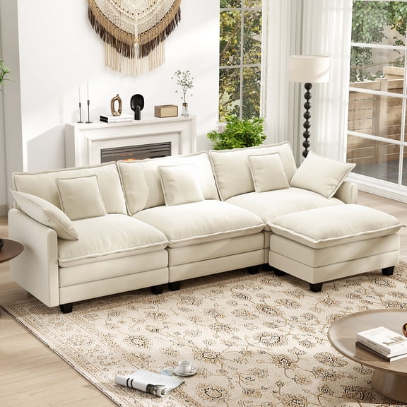 BedLuxury 111.5" Modular Sectional Sofa with Movable Ottoman, L Shaped Cloud Couch for Living Room, 3-Seat, Beige