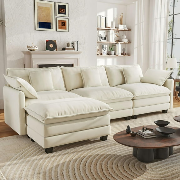 BedLuxury 111.5'' Modular Sectional Sofa with Movable Ottoman, L Shaped Cloud Couch for Living Room, 3-Seat, Beige