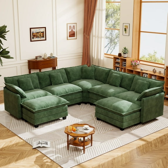 BedLuxury 111.5” Modular Sectional Sofa with Movable Ottoman, Modern Cloud Couch with Corner Seat for Living Room, 5-Seat, Green