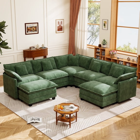 BedLuxury 111.5” Modular Sectional Sofa with Movable Ottoman, Modern Cloud Couch with Corner Seat for Living Room, 5-Seat, Green