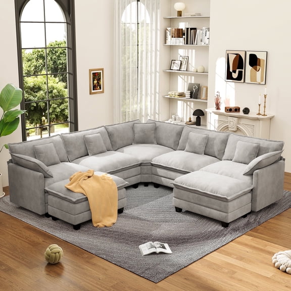 BedLuxury 111.5” Modular Sectional Sofa with Movable Ottoman, Modern Cloud Couch with Corner Seat for Living Room, 5-Seat, Grey