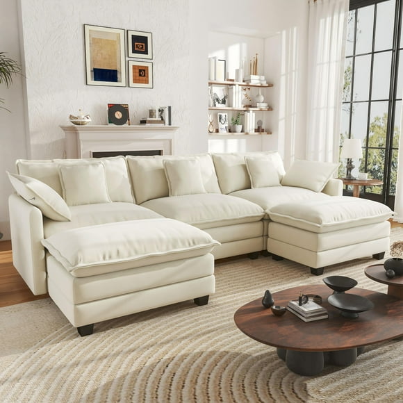 BedLuxury 111.5'' Modular Sectional Sofa with Movable Ottomans, U Shaped Cloud Couch for Living Room, 3-Seat, Beige