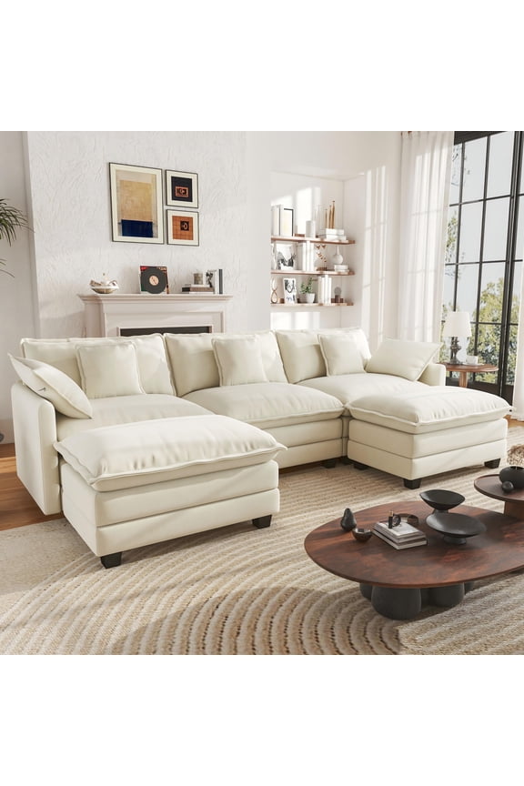 111.5'' Modular Sectional Sofa with Movable Ottomans, U Shaped Cloud Couch for Living Room, 3-Seat, Beige