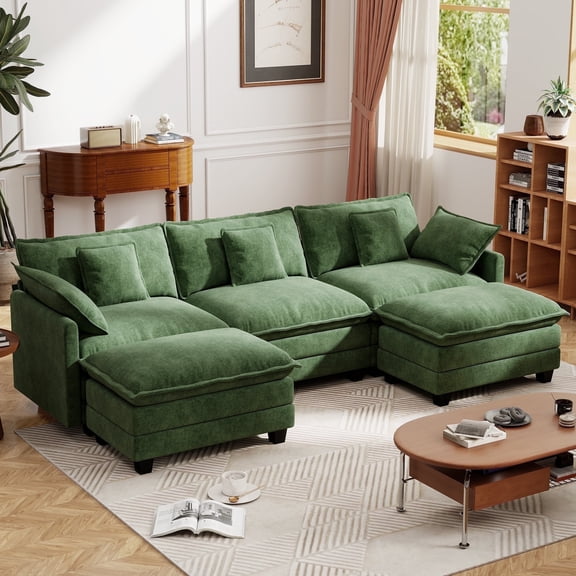 BedLuxury 111.5’’ Modular Sectional Sofa with Movable Ottomans, U Shaped Cloud Couch for Living Room, 3-Seat, Green