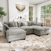 BedLuxury 111.5 Modular Sectional Sofa with Movable Ottomans, U Shaped Cloud Couch for Living Room, 3-Seat, Grey