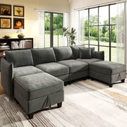 BedLuxury 112" Large Modular Sectional Sofa with 2 Movable Storage Ottoman, Cloud Couch Seats 6, Modern Living Room Furniture, Chenille Gray