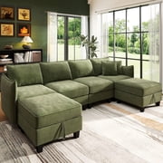 BedLuxury 112 Large Modular Sectional Sofa with 2 Movable Storage Ottoman, Cloud Couch Seats 6, Modern Living Room Furniture, Chenille Green