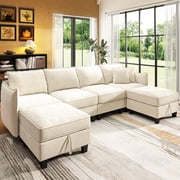 BedLuxury 112 Modular Sectional Sofa with 2 Moveable Storage Ottoman, Cloud Couch Seats 6, Modern Living Room Furniture, Chenille Beige