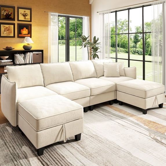 BedLuxury 112" Modular Sectional Sofa with 2 Moveable Storage Ottoman, Cloud Couch Seats 6, Modern Living Room Furniture, Chenille Beige