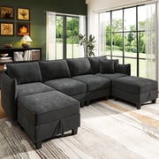 BedLuxury 112 Modular Sectional Sofa with 2 Moveable Storage Ottoman, Cloud Couch Seats 6, Modern Living Room Furniture, Chenille Black