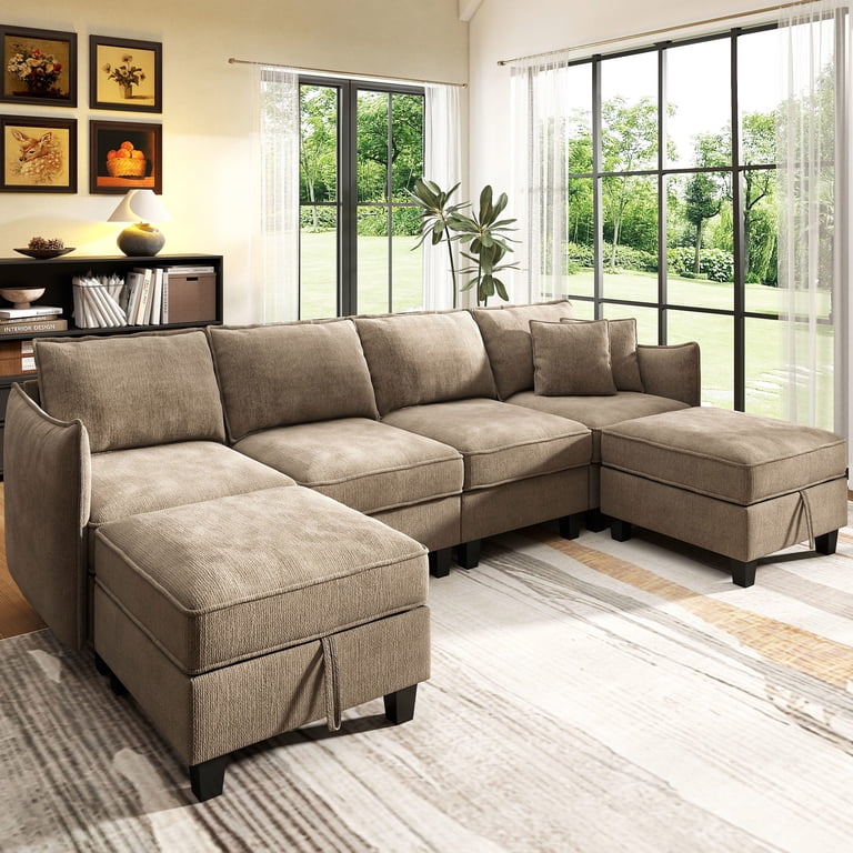Bedluxury 112 inch Modular Sectional Sofa with 2 Moveable Storage Ottoman, Cloud Couch Seats 6, Modern Living Room Furniture, Chenille Brown