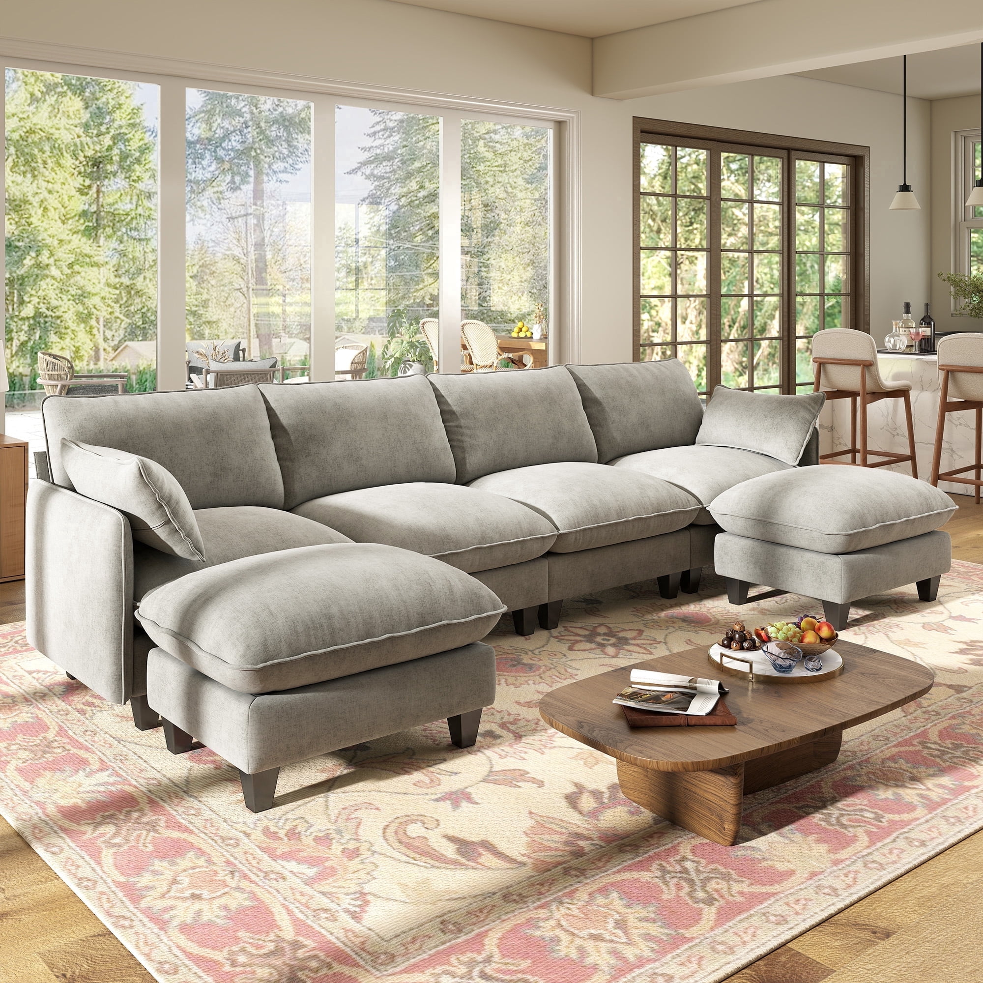 BedLuxury 138" Modular Sectional Sofa with Movable Ottoman,U shaped Deep Seat Cloud Couch for the Living Room, 4-Seat,Grey