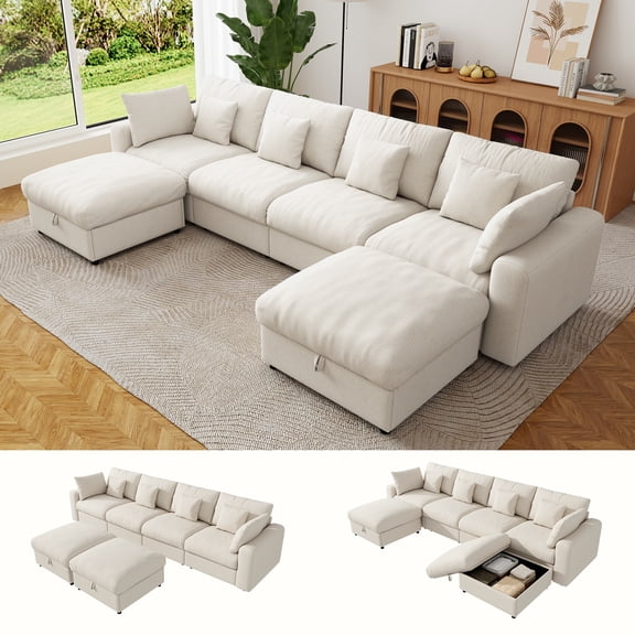 BedLuxury 140" Extra Large Modular Sectional Cloud Sofa with 2 Removable Storage Ottoman, Extra Deep Seat Couch, Living Room Furniture, Chenille Beige