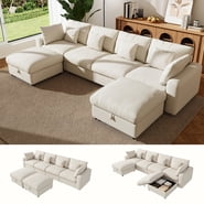 BedLuxury 140" Extra Large Modular Sectional Cloud Sofa with 2 Removable Storage Ottomans, Extra Deep Seat Couch, Living Room Furniture, Chenille Beige