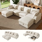 BedLuxury 140 Extra Large Modular Sectional Cloud Sofa with 2 Removable Storage Ottoman, Extra Deep Seat Couch, Living Room Furniture, Chenille Beige
