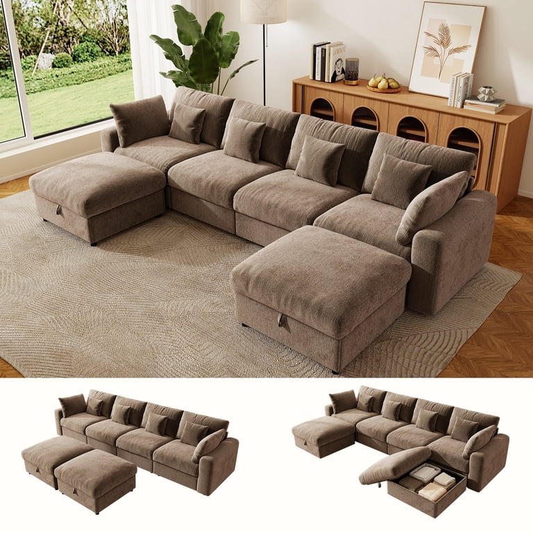 Bedluxury 140 inch Extra Large Modular Sectional Cloud Sofa with 2 Removable Storage Ottoman, Extra Deep Seat Couch, Living Room Furniture, Chenille