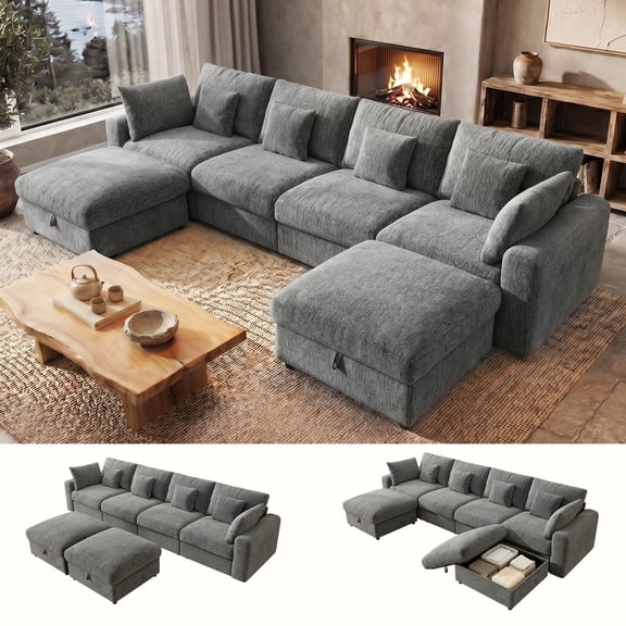 BedLuxury 140" Large Modular Sectional Sofa with 2 Removable Storage Ottomans, Extra Deep Seat Cloud Couch for Living Room, Chenille Gray