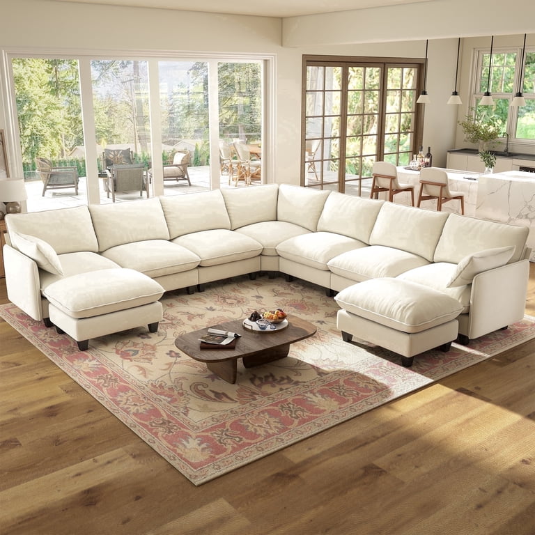Bedluxury 140 inch Modular Sectional Sofa with Corner Seat and Movable Ottoman, Deep Seat Cloud Couch,9-Seat Living Room Set, Beige