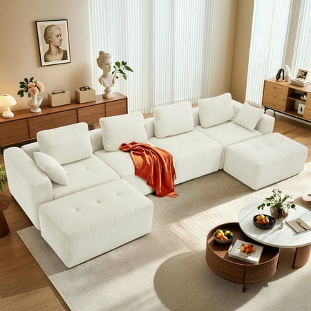 BedLuxury 144" Modular Sectional Sofa with Deep Seat, Modern U-shaped Sofa with Wide Armrests and Ottoman for Living Room or Bedroom, Corduroy Fabric, Beige.