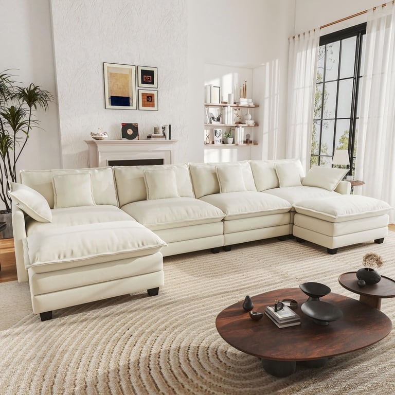 BedLuxury 146.5'' U shape Modular Sectional Sofa with Movable Ottomans, Modern Chenille Deep Seat Couches for Living Room, Apartment, Office, 4-Seat, Beige