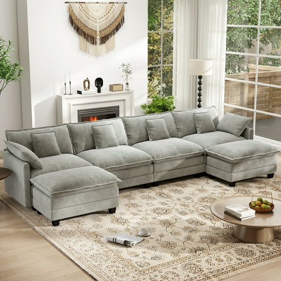 BedLuxury 146.5'' U shape Modular Sectional Sofa with Movable Ottomans, Modern Chenille Deep Seat Couches for Living Room, Apartment, Office, 4-Seat, Grey